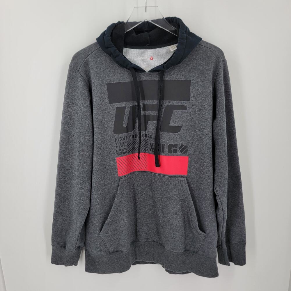 Reebok UFC Hoodie Mens L Gray Black Red Pullover Fleece Graphic Pocket